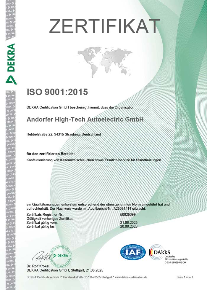 ISO 9001:2015 Zertifikat der Andorfer High-Tech Autolelectric GmbH aus Straubing